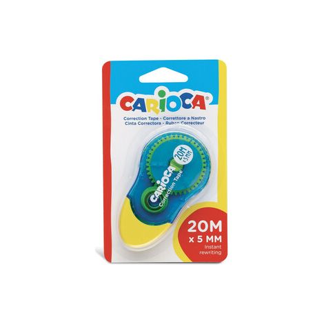 Carioca CORRECTOR CINTA – Corrector en cinta, opaco y reescribible al momento. Perfecto para borrar. Contiene 1 corrector 20mx5mm. Color del corrector Azul y Amarillo