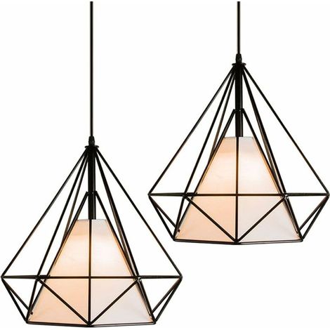 Lot de 2 Lampes de Plafond Abat-Jour en Fer Forme Diamant, Lampe Suspension Lustre Cage avec Douille Eclairage Style Industrielle Noir (sans ampoule) BLOW (1/4)