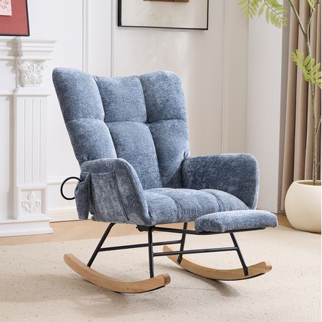 Sedia a dondolo imbottita in ciniglia blu con schienale alto e poggiapiedi, OKWISH (1/5)
