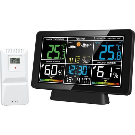 Station météo sans Fil,Station Météo Intérieur Extérieur sans Fil avec Capteur,éclairage Horloge Numérique Alarme et Snooze Affichage Heure Date Jour (1/5)
