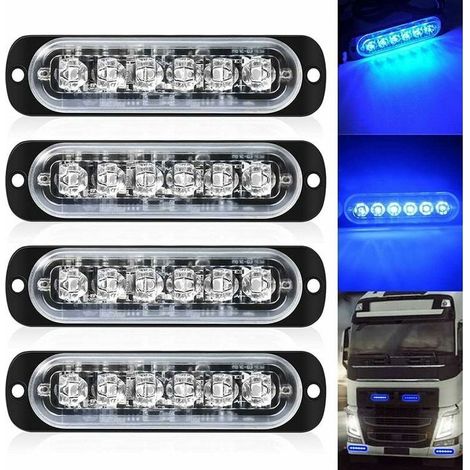 Pack de 4 - Lumière stroboscopique ultra mince Bleu à 6 LED - Barre lumineuse à LED Mini barre lumineuse d\'urgence 18 Mode clignotant 12V-24V pour véhicule ou camion universel (1/5)