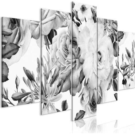 Tableau 5 Panneaux "Rose Composition Wide Black & White" 50 x 100 cm (1/2)