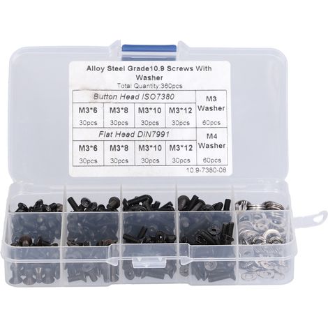 Vis Inox Tête Fraisée Hexagonale Et Rondelles - Acier Inoxydable 304 Noir - Pour Mécanique Maison Électronique - Kit 360 Pièces (1/5)