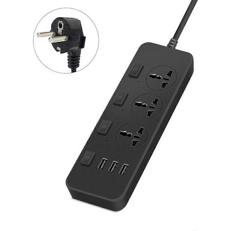 Bloc multiprise 5V/2.1A parasurtenseur avec 3 prises secteur EU, 3 ports USB, adaptateur charge rapide, rallonge électrique, noir. (1/4)