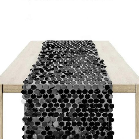 Chemin de table irisé à paillettes et sequins, idéal pour une fête élégante ou une baby shower (nappe noire). (1/5)