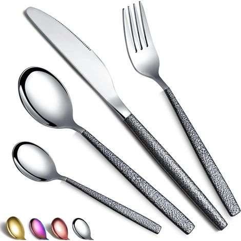 Ensemble de couverts avec manche noir, couteaux en acier inoxydable Cuillères Fourchettes d'ustensiles Service d'argenterie (1/5)