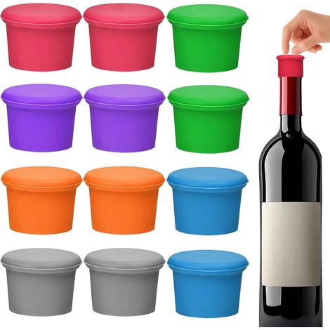 Bouchon Silicone - 12 Pièces - 6 Couleurs - Étanche Réutilisable - Vin Bière Champagne - 3,6x2,6x3cm (1/5)