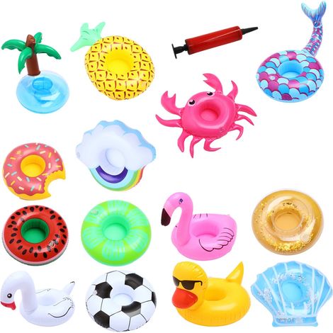 Lot de 14 porte-gobelets gonflables, flotteurs pour boissons, porte-gobelets flottants, flotteurs amusants pour les fêtes à la piscine - FQ