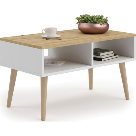 Tavolino da salotto SANDI scandinavo bianco e rovere Artisan con ripiano (1/3)