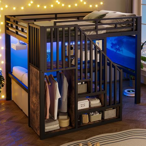 Lit Mezzanine 140x200 cm, Escalier de Rangement, LED Multicolore, Grille Latérale, Support d’Écran de Projection, sans Matelas, Métal - Noir (1/5)