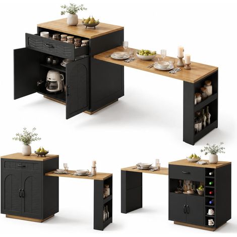 FurnitureR Black Extendable Kitchen Island 141 to 193.5cm with Wine Rack (1/5)