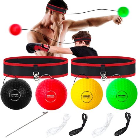 Ensemble de balles de réaction de boxe : comprend 4 balles de réaction de difficulté variable et 2 bandeaux réglables. (1/4)