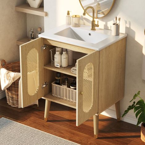 Meuble de salle de bain 61cm - portes en rotin, étagères fixes, MDF aspect bois, céramique, sans robinet (1/5)