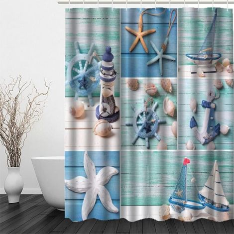 Anti-Schimmel-Duschvorhang mit Cartoon-Seestern-Leuchtturm-Motiv, 3D-Ozean-Design, 100 % Polyester, für Badewanne und Badezimmer (1/4)
