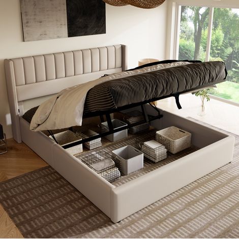 DESVIAE Lit double avec rangement hydraulique rembourré 160 x 200 cm tête de lit capitonnée en tissu lin beige avec sommier à lattes et cadre en métal (1/5)