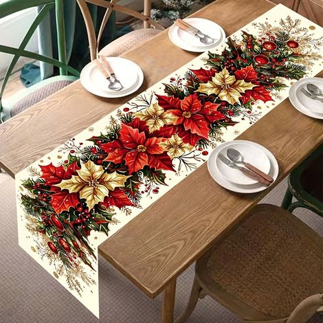 Chemin de table de Noël en polyester à imprimé floral rouge, nappe de Noël - 180 x 30 cm (polyester) - Style 2