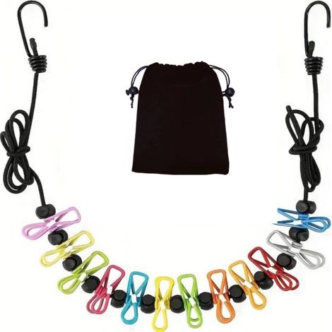 Ligne de séchage portable avec 12 pinces, pratique pour camping et voyage, compact et rétractable pour intérieur et extérieur. (1/5)