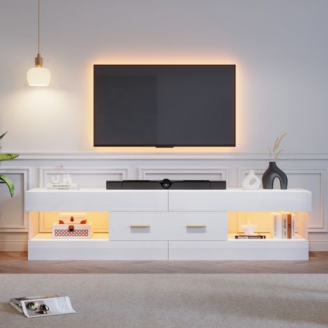 Meuble TV blanc 152x35x40cm plateau verre acrylique éclairage LED rangements ouverts tiroirs meuble bas pour salon (1/5)