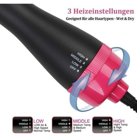 Brosse Sèche-Cheveux - 1000 W - 3 Régulations Température (160/180/200 °C) - Céramique Tourmaline - Cordon 2 m Rotatif 360° - 1 Pièce (1/4)