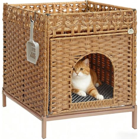 Enclos pour chat - Maison à litière cachée avec tapis doux et clôture - Confortable - En rotin tissé à la main - Avec crochets en forme de S - Pour salon, chambre à coucher - Noyer (1/5)