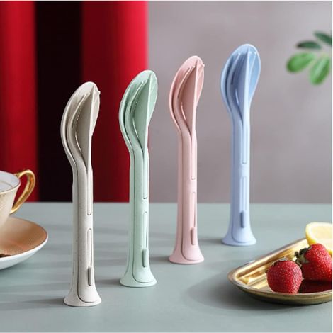 Ensemble de 4 couverts en paille de blé réutilisables, idéal pour les voyages. 3 en 1 : cuillère, fourchette et couteau. (1/5)