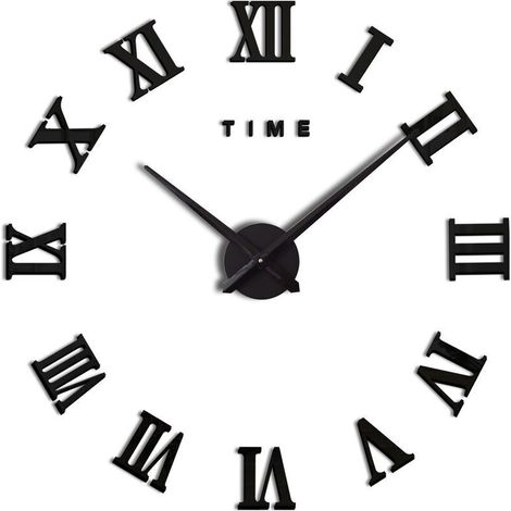 Moderne DIY Grande Horloge Murale Chiffre Romain Grande Montre 3D Autocollant Horloge Murale Montre Home Office Décor Amovible (Batterie Non Incluse) Noir (1/5)