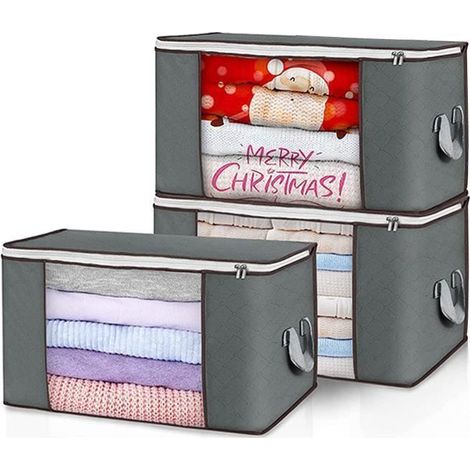 Lot de 3 Sac de Rangement sous Lit, Boîte de Rangement Pliable, 90L, Poignée et Fenêtre Transparente, pour Couettes, Vêtements- (1/4)