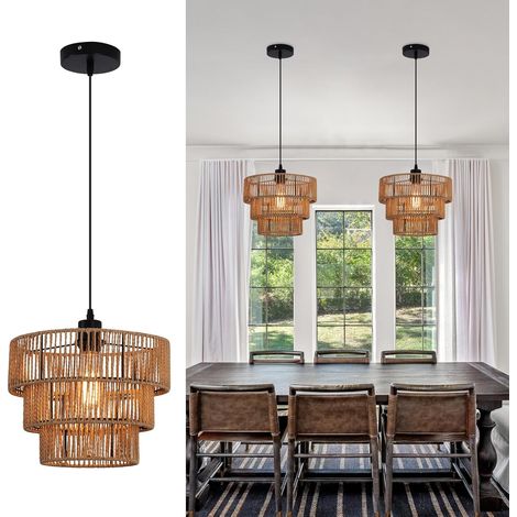 Boho Chandelier Light Fixture, Farmhouse Rattan Pendant Light, Woven Rope Lampshade (1/5)