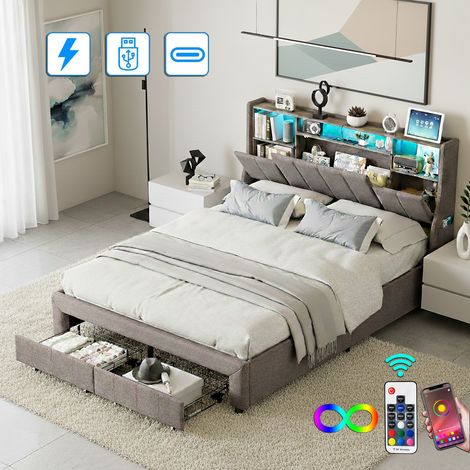 Cama doble de 140x190 cm, con 2 cajones, iluminación LED, puerto USB, cabecero con almacenaje, tapizado en lino, somier de láminas - Gris