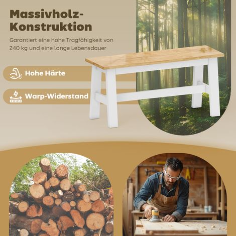 Banc 2 places, banc en bois d'hévéa aspect chêne, barre stabilisatrice, pour séjour, salle à manger, entrée, blanc