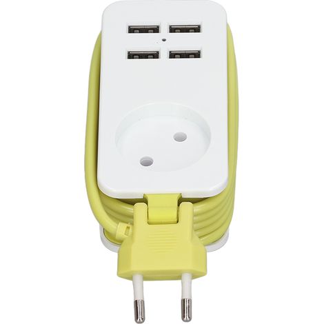 Multiprise UE 1200W 10A Ignifuge Prise Européenne avec 4 Ports USB pour Smartphones Tablettes 250V Blanc Vert (1/5)