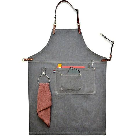 Neutralgraue Jeansschürze mit Lederriemen, Schutzschürze mit Taschen, Größe M-Crezuo