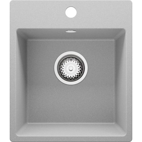 PRIMAGRAN Evier Cuisine en Granit 38x44cm, Lavabo 1 bac + Kit de Vidage, Évier à Encastrer au meuble 40cm - Riga Easy, Gris (1/5)