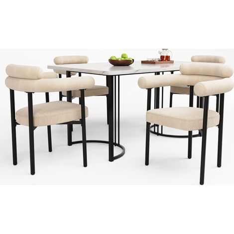 Ensemble table et chaises 5 pièces pieds métalliques design,4 fauteuils suède crème. Élégants et confortables pour maison et restaurant. (1/5)