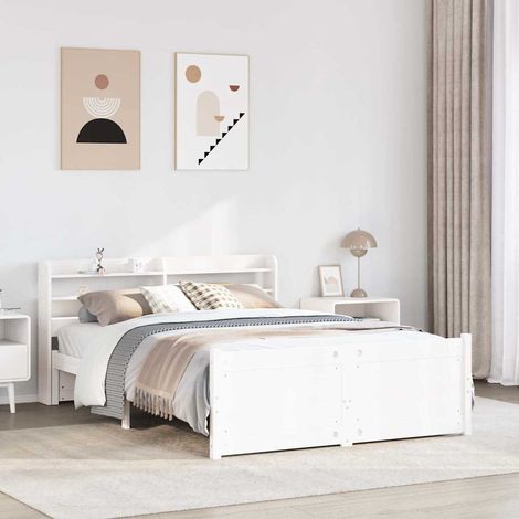 Cadre de lit [INGALICO] bois pin avec tête de lit et étagères blanc 140x200 cm (1/4)
