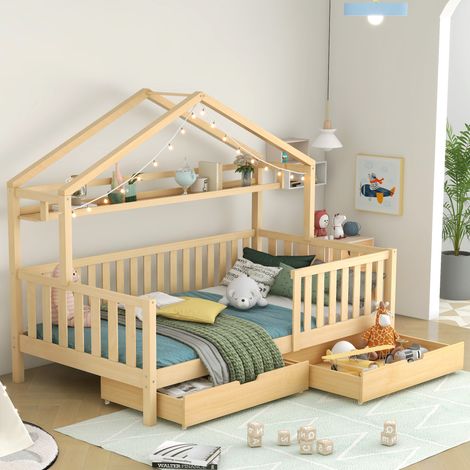 Kinderbett Hausbett Massivholz Kiefer Natur 90x200 cm mit 2 Schubladen, Ablage und Lattenrost