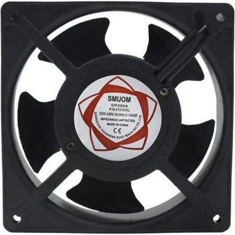 Ventilateur axial pour cheminée à cassette, enfichable, haute température, pales métalliques, silencieux et universel. Dimensions : 120 x 120 x 38 mm.