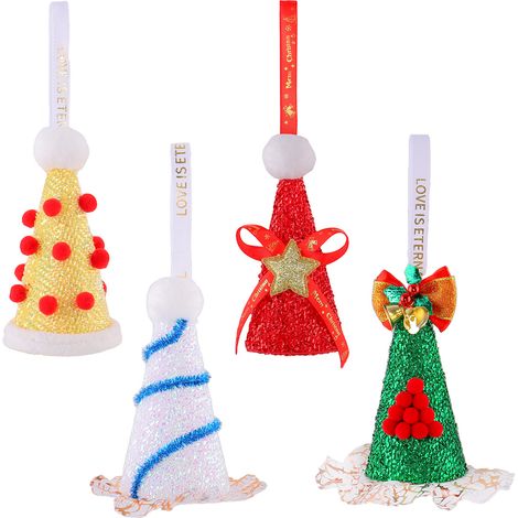 Lot de 4 chapeaux de sapin de Noël décoratifs blancs, mini bonnet conique à sequins, suspension festive pour arbre et décoration maison (1/5)
