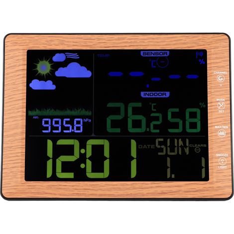 Réveil sans fil avec écran couleur et prévisions météo, pour intérieur et extérieur, avec contrôle du son. (1/5)