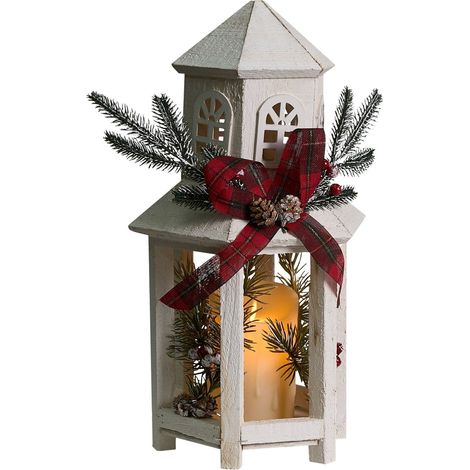Lanterne Décorative de Noel LED en Bois de Sapin Fait Main Blanche Savivesi