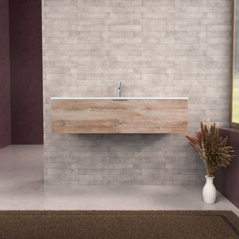 Inda - Badezimmerschrank B.120 mit mattiertem Waschbecken / Natureiche 1 Schublade - Topazio