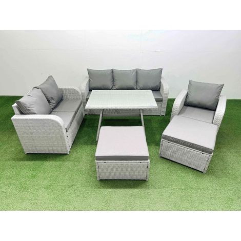 Fimous Rattan High Back Lounge Sofa Set Patio Dining Table & Chairs Set with 3 Seater Sofa Reclining Chair 2 Big Stool Light Grey (1/4)