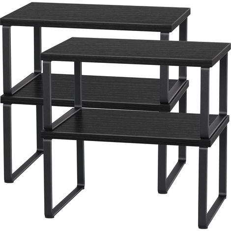 Lot de 4 Organisateurs de Cuisine, Supports pour Placard, en Métal et Bambou Étagère Empilable Extensible, pour Etagère Vaisselle, Comptoirs, Garde-Manger, Bocaux, Tasses (Noir Moderne（4 pcs）) (1/5)