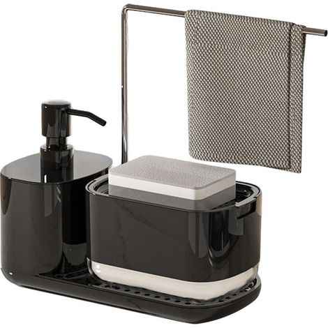 Distributeur de savon liquide pour les mains à pression étanche pour la cuisine et la salle de bain, recharge facile, noir (1/4)