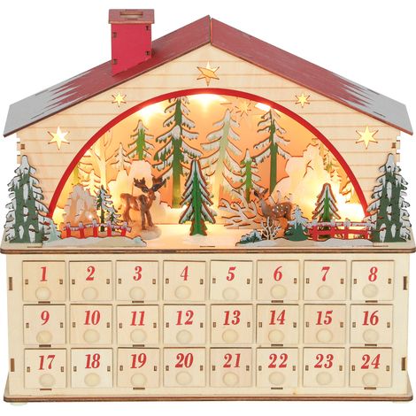 Autre décoration pour Noël Calendrier de l'Avent à remplir, 24 tiroirs et compartiments, calendrier de Noël avec lumières LED, bois naturel, 36 x 10 x 34 cm (1/5)