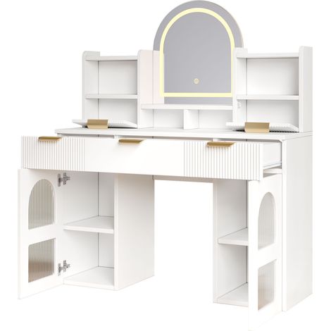Coiffeuse blanche, 120x40x139,5 cm, LED, miroir, 3 tiroirs, 2 portes vitrées, étagères, pour chambre (1/5)