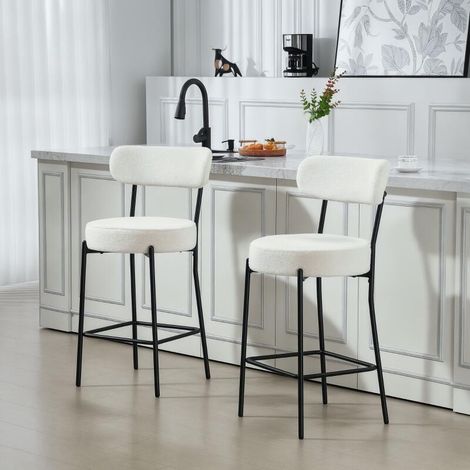 Lot de 2 tabourets de bar en tissu bouclette, chaises de bar avec dossier courbé, repose-pieds, 49x52x95cm, crème