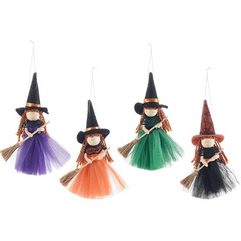 Streghe / befane con abito in tulle colorato e scopetta da appendere, set da 8 pezzi, cm 6 x 17,5 H