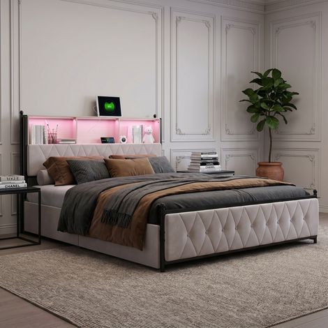 Lit double - lit 140x190 avec sommier - Velours beige - LED intégrée - USB & Type-C - 4 tiroirs