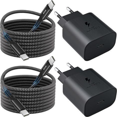 Chargeur pour Samsung Charge Rapide, 25W Prise USB C Adaptateur Secteur et 2M Nylon Cable Type C pour Samsung Galaxy S25 S24 S23 S22 S21 S20 FE/Plus/Ultra, A72 A55 A54 A53 A40 A34 A33 A25 A15 A14 (1/5)